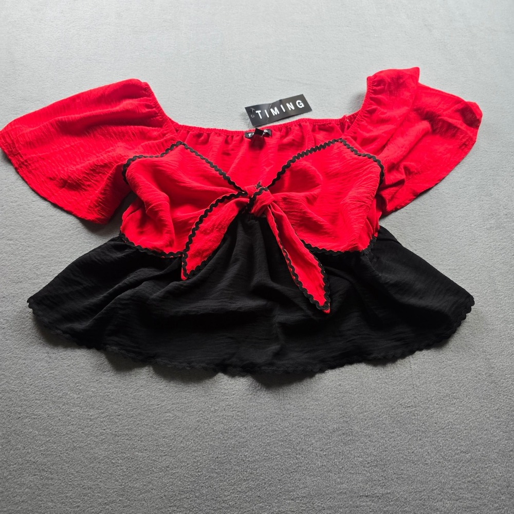 Timing Womens Red Black Off Shoulder Bow Peplum Crop Top NWT Large